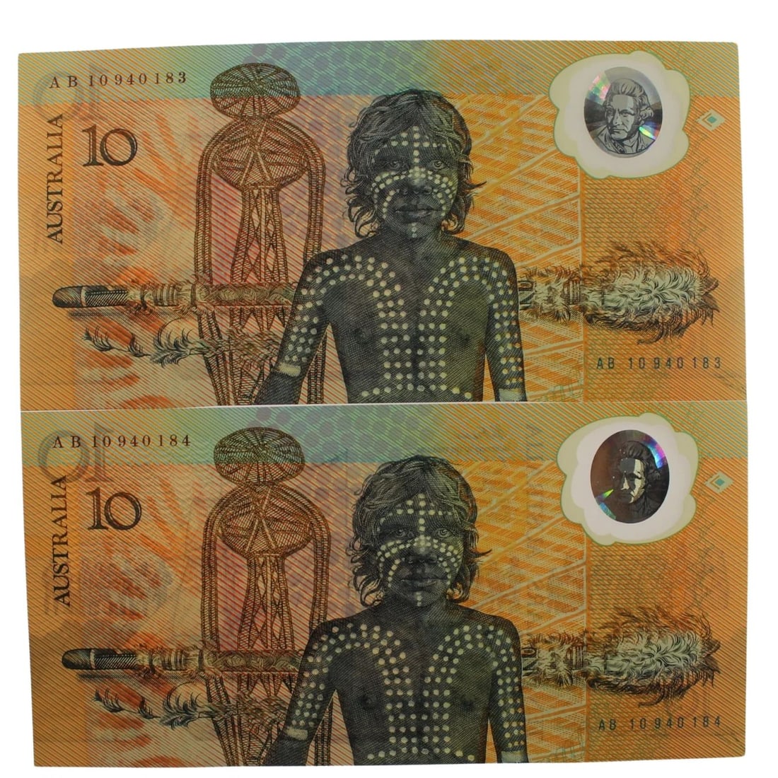 AUSTRALIA 'JOHNSTON - FRASER' AB10 - FIRST PREFIX (1ST ISSUE) BICENT $10'S, (1988), UNCIRC (PAIR) (1 of 2)