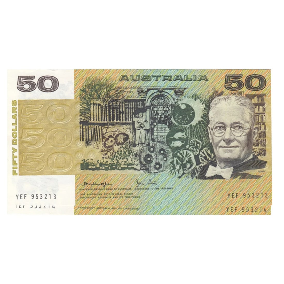 AUSTRALIA 'KNIGHT - STONE' $50'S (1979), VIRTUALLY UNCIRCULATED OPQ (CONSECUTIVE PAIR): Australia 'Knight - Stone' $50's (1979), virtually Uncirculated OPQ (Consecutive Pair)
