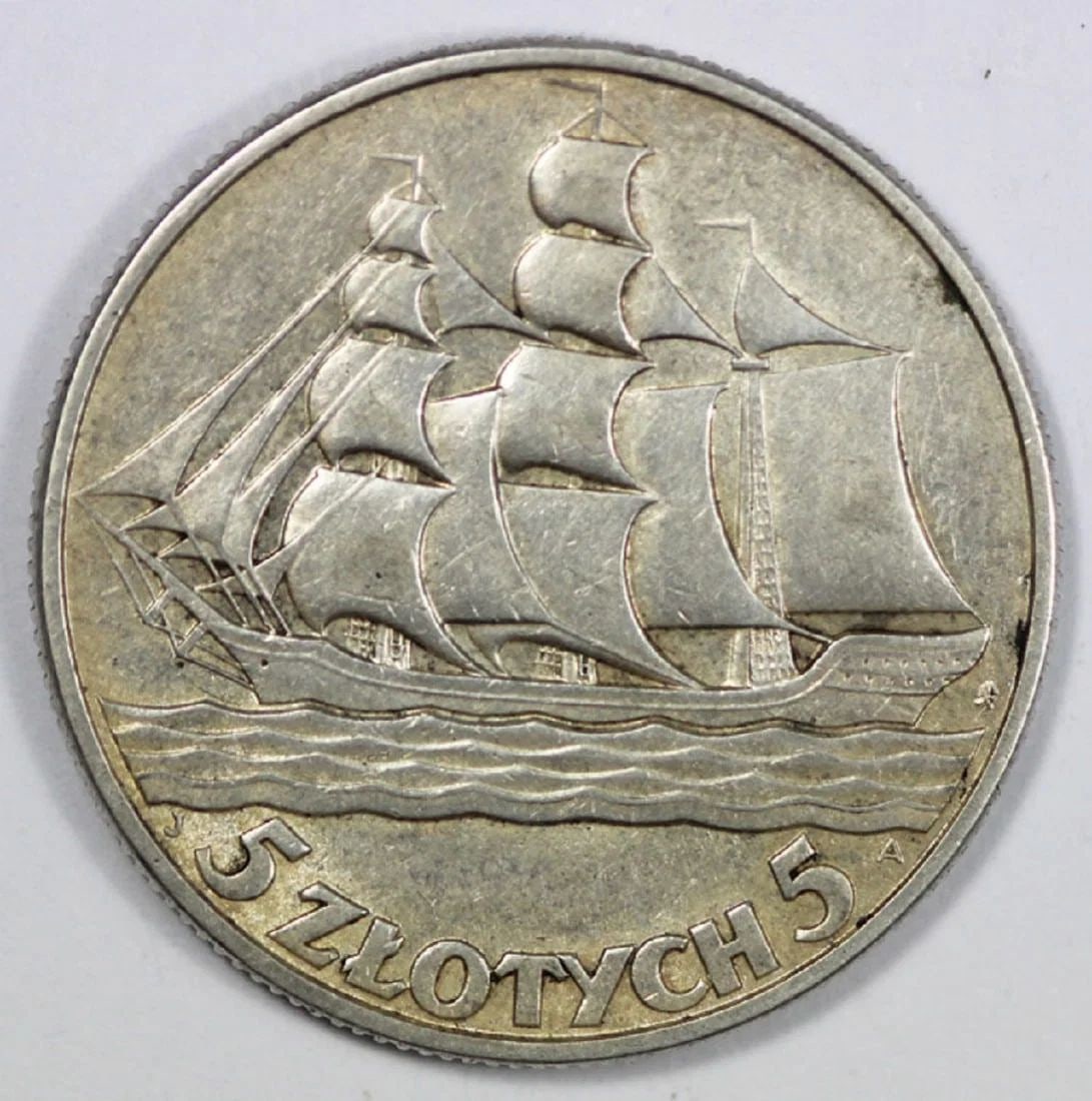 POLAND 1936 SILVER 5 Z-OTYCH, ABOUT UNCIRCULATED: Poland 1936 Silver 5 Z-otych, about Uncirculated