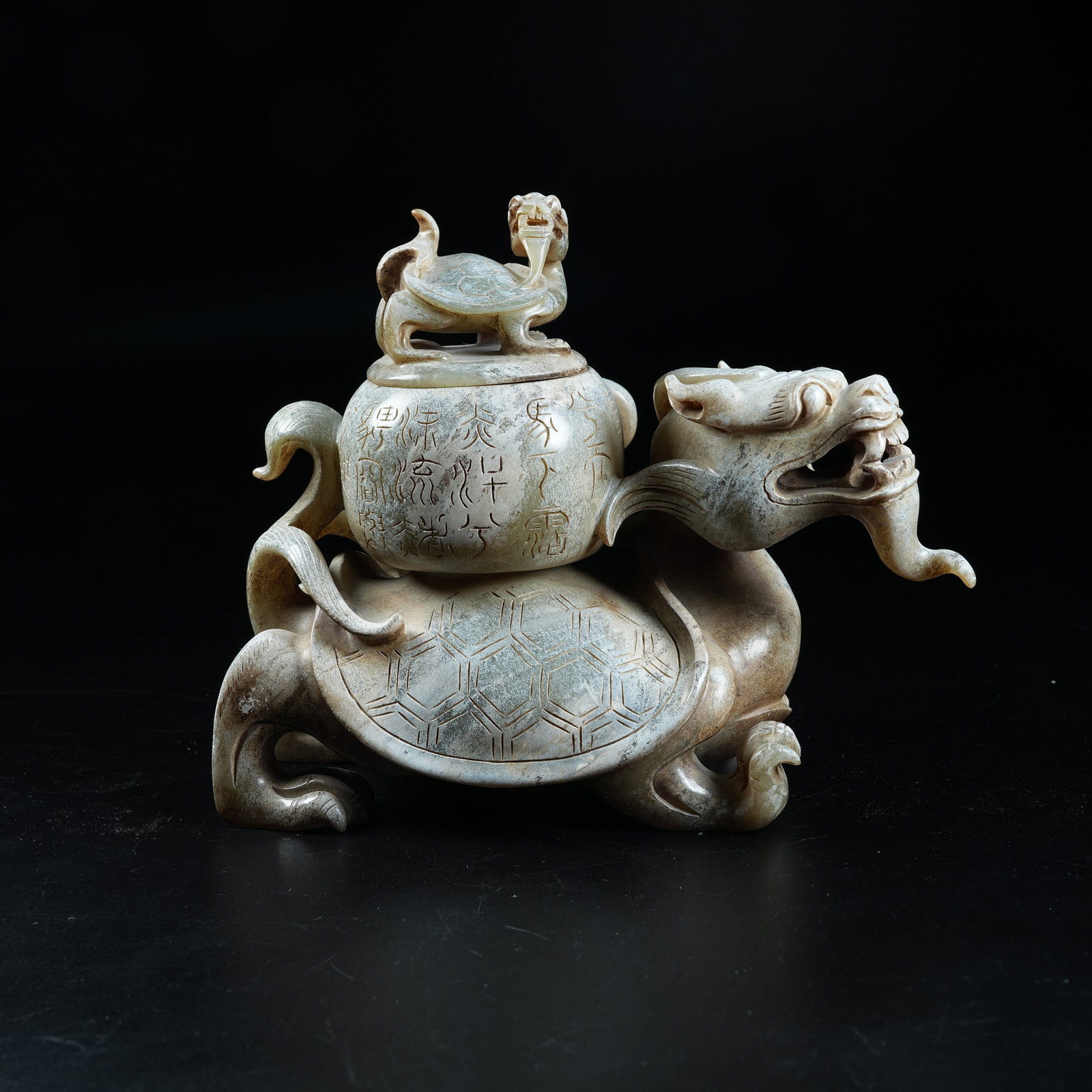 A ANCIENT JADE DRAGON-TORTOISE SHAPED INCENSE BURNER: Ancient Jade Dragon-Tortoise Shaped Incense Burner