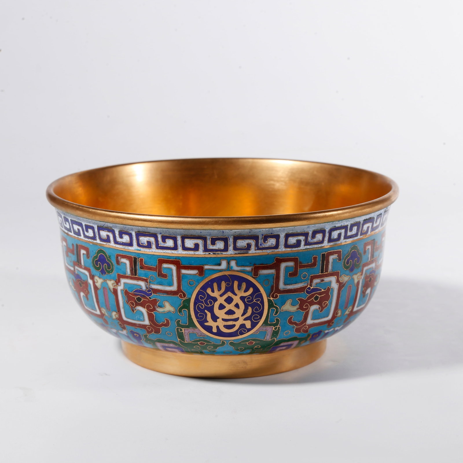 A CLOISONNE BOWL WITH BLESSING-LONGEVITY MOTIFS ON BRONZE BODY: Cloisonne Bowl with Blessing-Longevity Motifs on Bronze Body