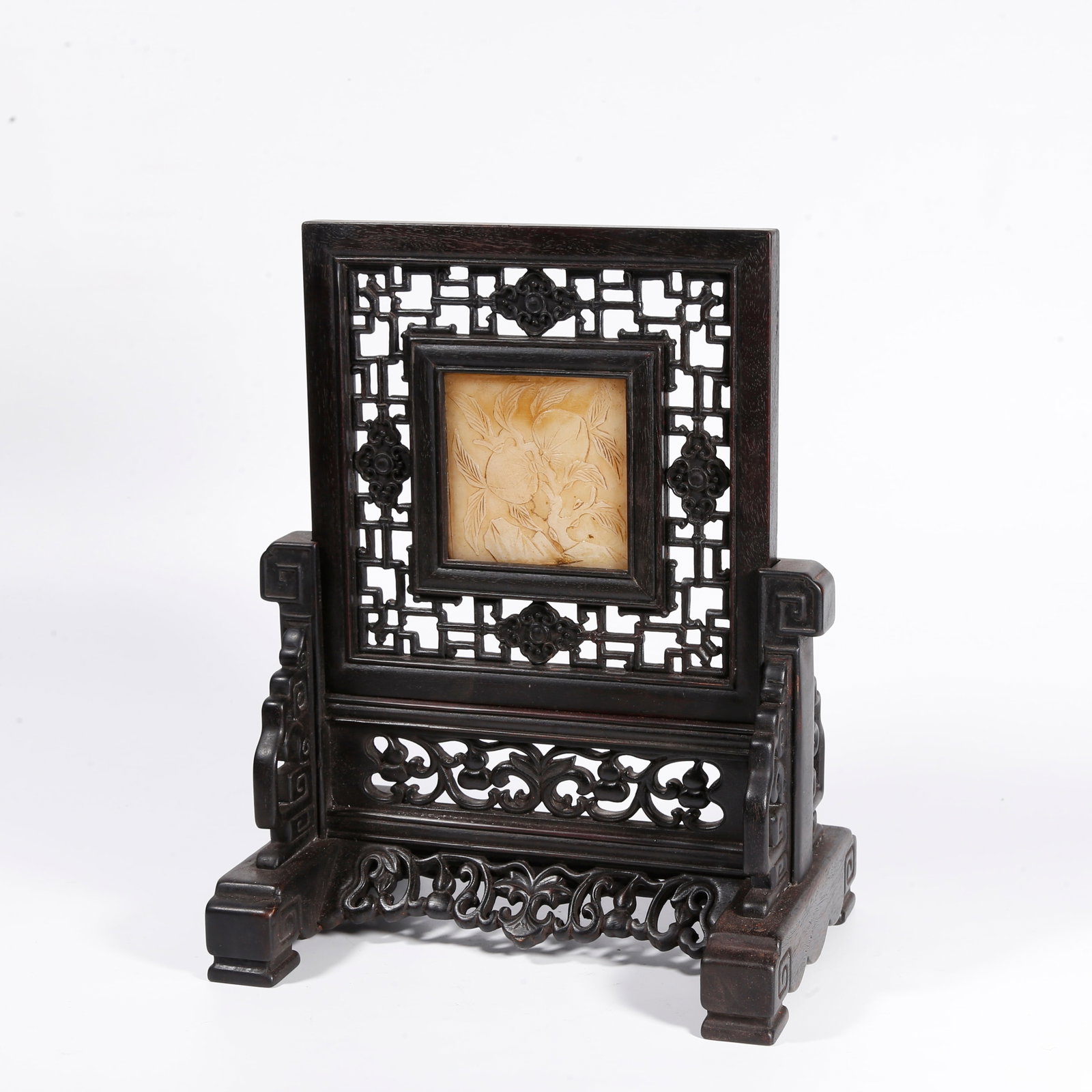 A JADE-INLAID TABLE SCREEN WITH LONGEVITY PEACH MOTIF IN ZITAN WOOD: Jade-inlaid table screen with longevity peach motif in zitan wood