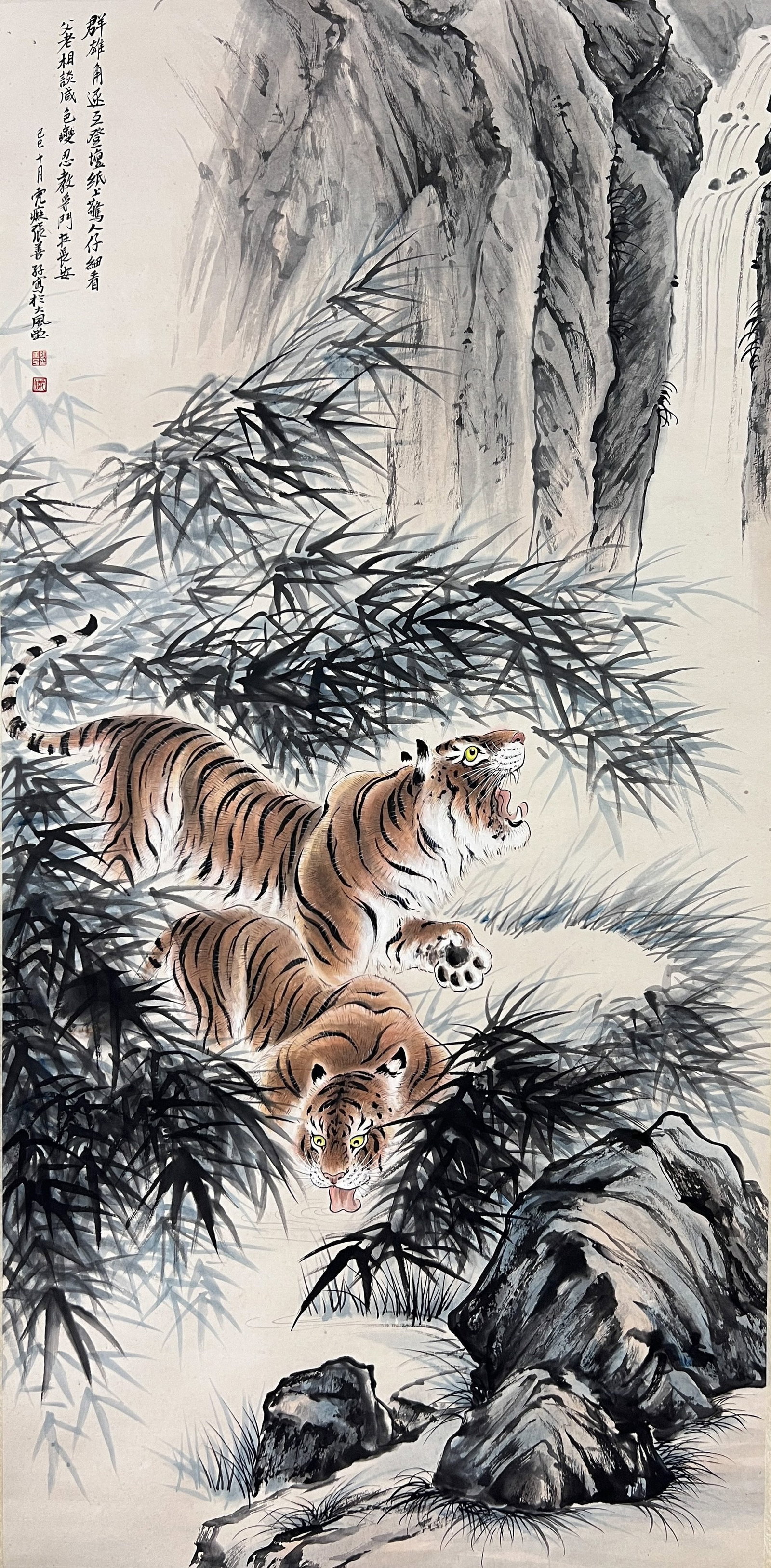 A DOUBLE-TIGER PAINTING HANGING SCROLL ON PAPER BY ZHANG SHANZI.張善子: Double-tiger painting hanging scroll on paper by Zhang Shanzi.張善子