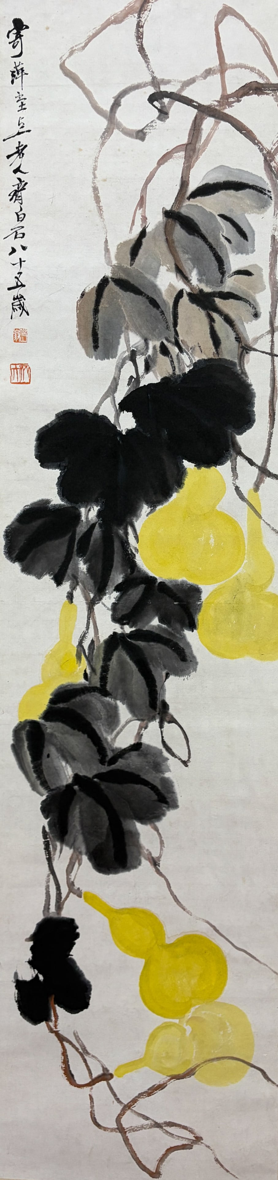 A GOURD PAINTING HANGING SCROLL ON PAPER BY QI BAISHI.齊白石: Gourd painting hanging scroll on paper by Qi Baishi.齊白石