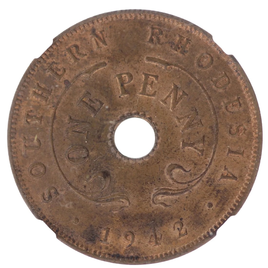 SOUTHERN RHODESIA 1942 BRONZE PENNY, NGC MS64RB (POP 1): Southern Rhodesia 1942 Bronze Penny, NGC MS64RB (Pop 1)