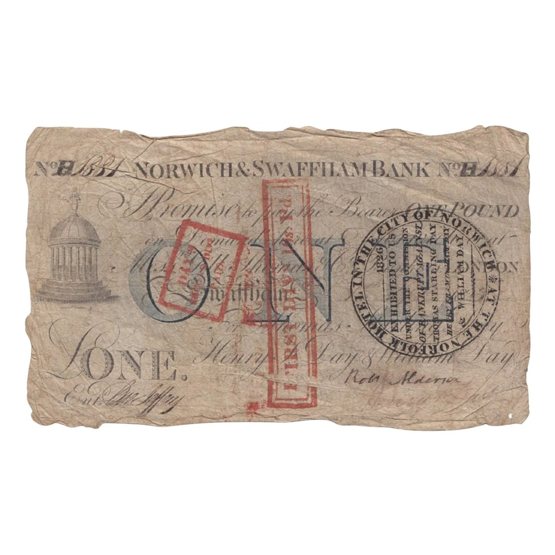 GREAT BRITAIN. NORWICH & SWAFFMAN BANK 1823 -1, GOOD FINE: Great Britain. Norwich & Swaffman Bank 1823 -1, good Fine