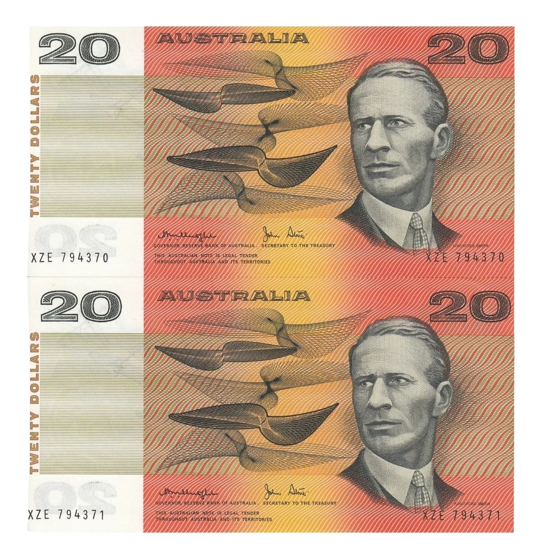 AUSTRALIA 'KNIGHT - STONE' GOTHIC $20 (1979), UNCIRCULATED OPG (CONSECUTIVE PAIR) (1 of 2)