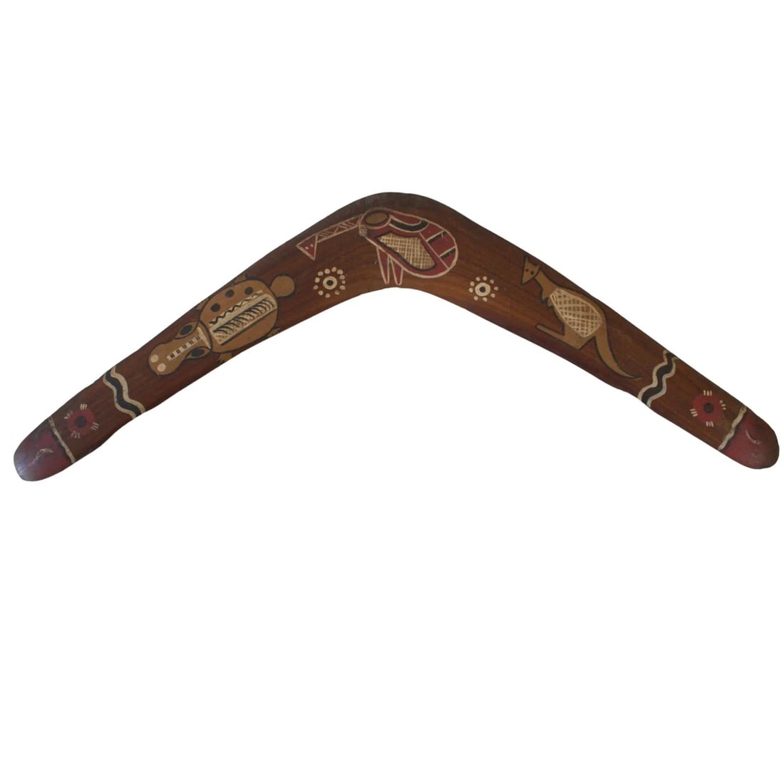 ABORIGINAL TRANSITIONAL BOOMERANG WITH PAINTED DESIGN OF A PLATYPUS, EMU & KANGAROO: Aboriginal Transitional Boomerang with painted design of a Platypus, Emu & Kangaroo