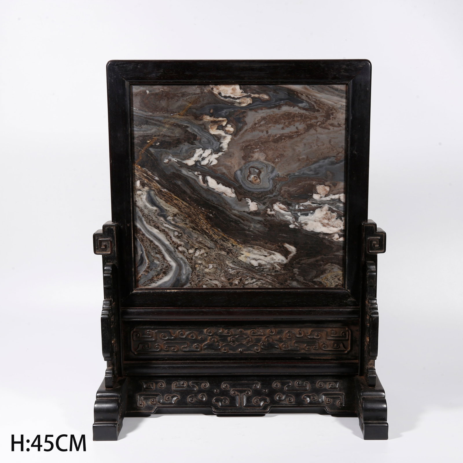 A MARBLE-INLAID TABLE SCREEN IN ZITAN WOOD (1 of 8)