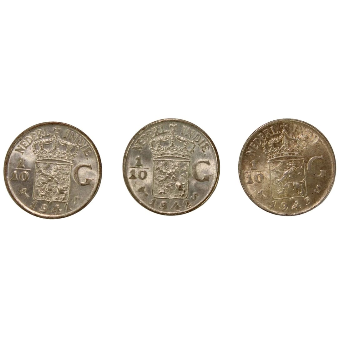 NETHERLANDS EAST INDIES 1941 S,1942 S, & 1945 S SILVER (720) 1/10 GULDEN, CHOICE UNCIRCULATED (1 of 2)