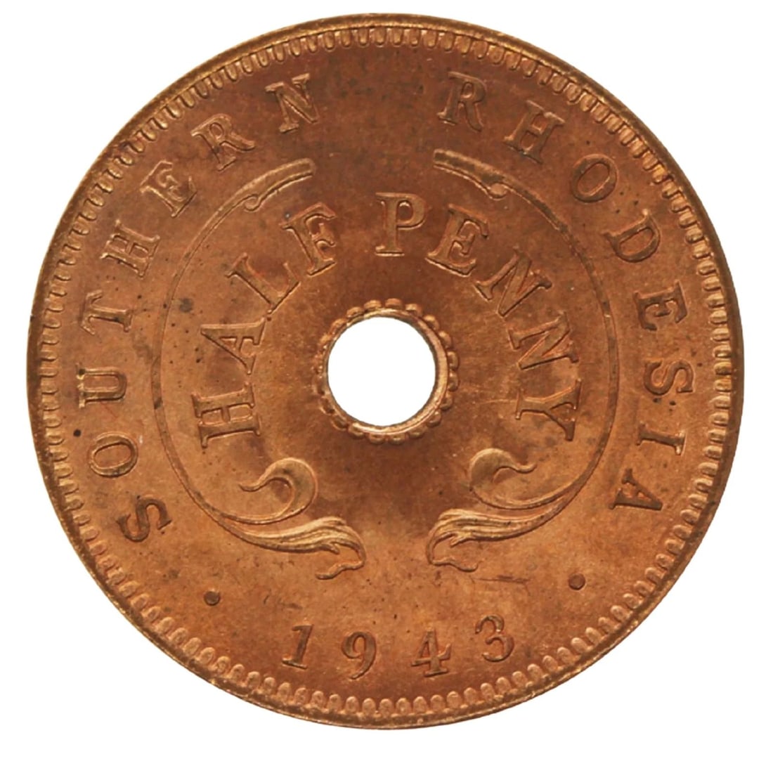 SOUTHERN RHODESIA 1943 HALFPENNY, FULLY LUSTROUS GEM: Southern Rhodesia 1943 Halfpenny, Fully Lustrous Gem