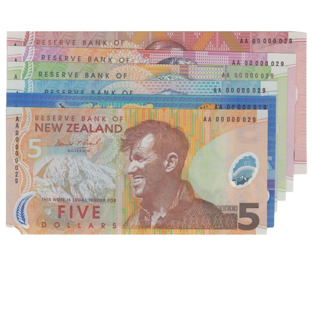 NEW ZEALAND LOW SERIAL NO, $5, $10, $10 (MILLENNIUM), $20, $50 & $100 (2000), UNCIRC OPQ (6 NOTES) (1 of 2)