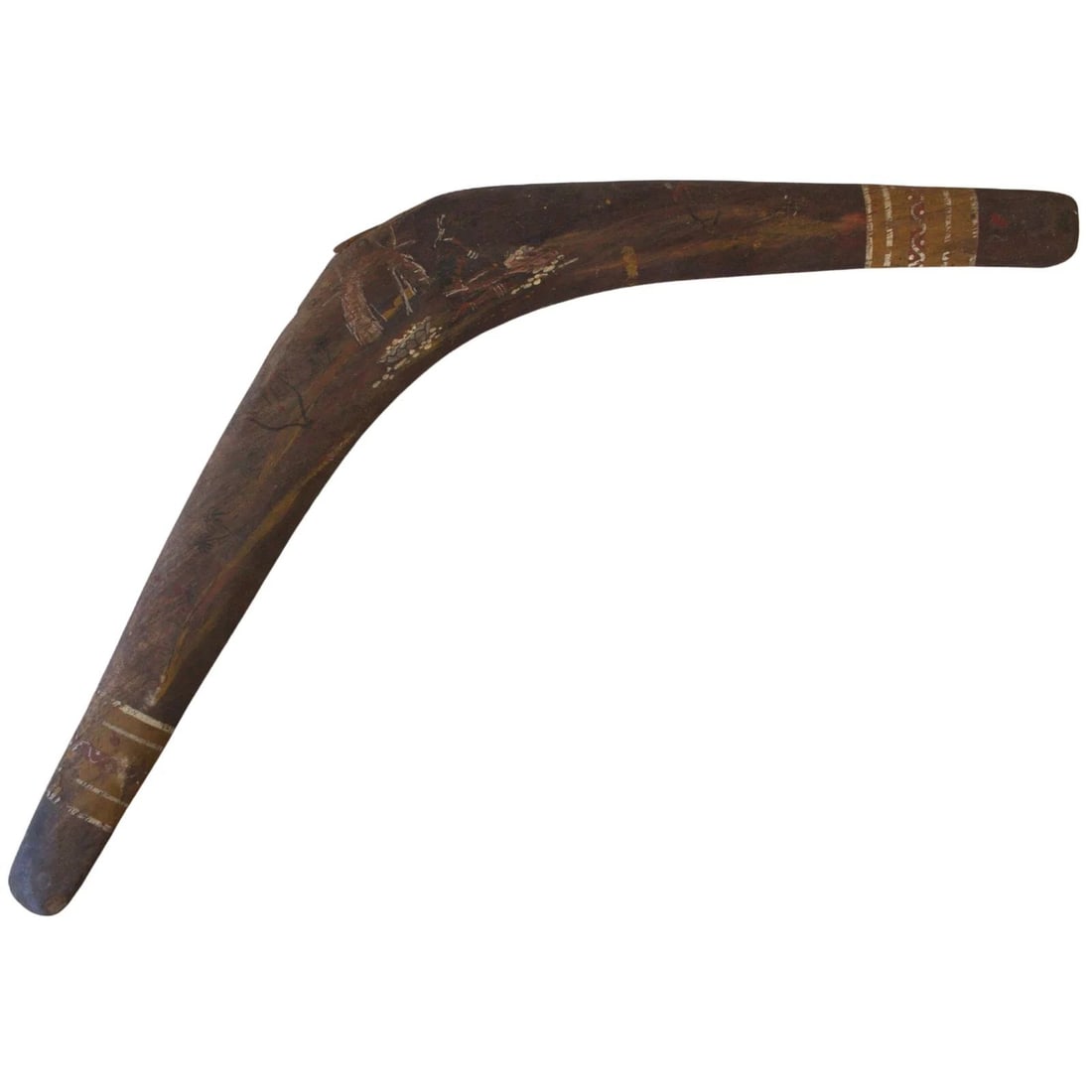 ABORIGINAL TRANSITIONAL BOOMERANG WITH PAINTED DESIGN OF A CAMP SCENE (1 of 2)