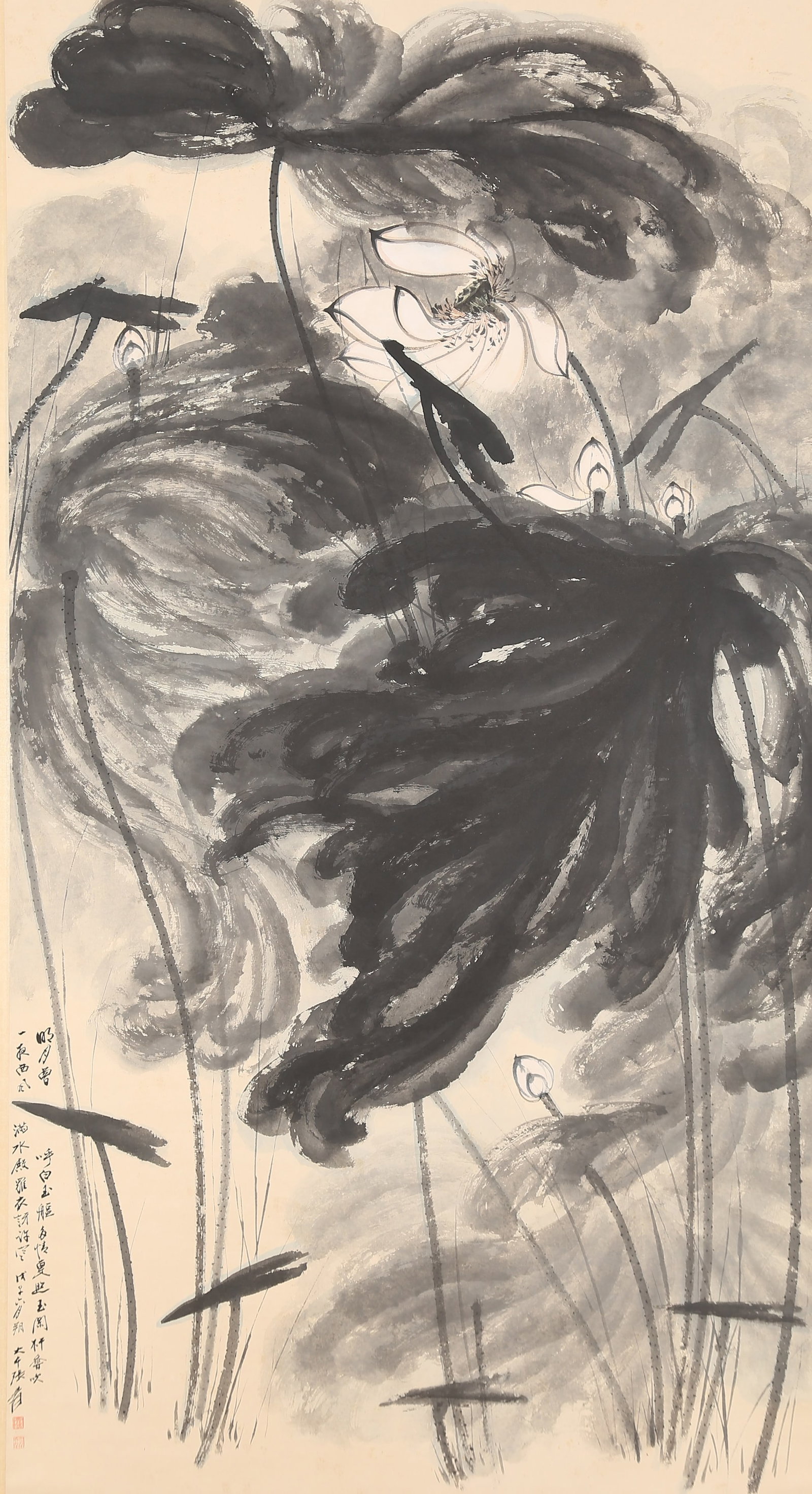 A LOTUS PAINTING ON PAPER BY ZHANG DAQIAN.張大千: Lotus Painting on Paper by Zhang Daqian.張大千