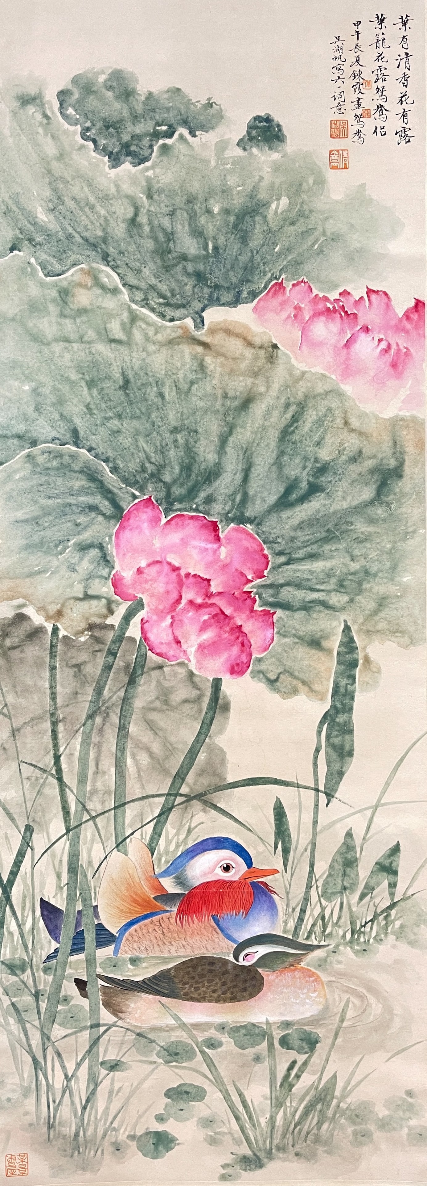 A LOTUS-AND-MANDARIN-DUCK PAINTING HANGING SCROLL ON PAPER BY WU HUFAN AND ZHOU LIANXIA.吳: Lotus-and-mandarin-duck painting hanging scroll on paper by Wu Hufan and Zhou Lianxia.吳湖帆 周煉霞