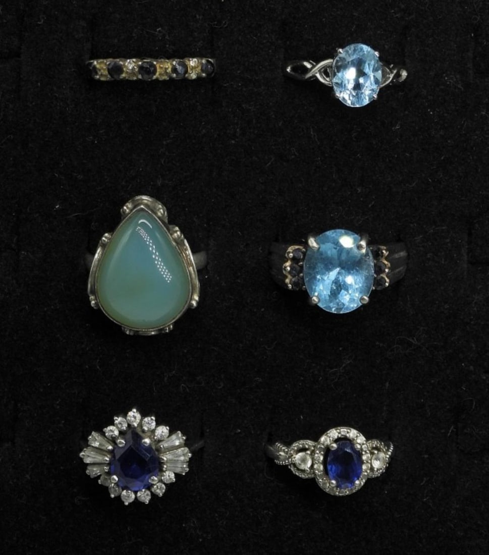 (6) BLUE GEMSTONED STERLING FASHION RINGS: (6) BLUE GEMSTONED STERLING FASHION RINGS