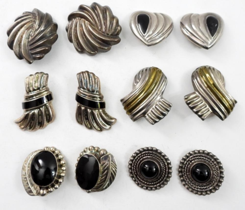 (6) MEXICO STERLING CLIP ON EARRINGS-ONYX: (6) MEXICO STERLING CLIP ON EARRINGS-ONYX