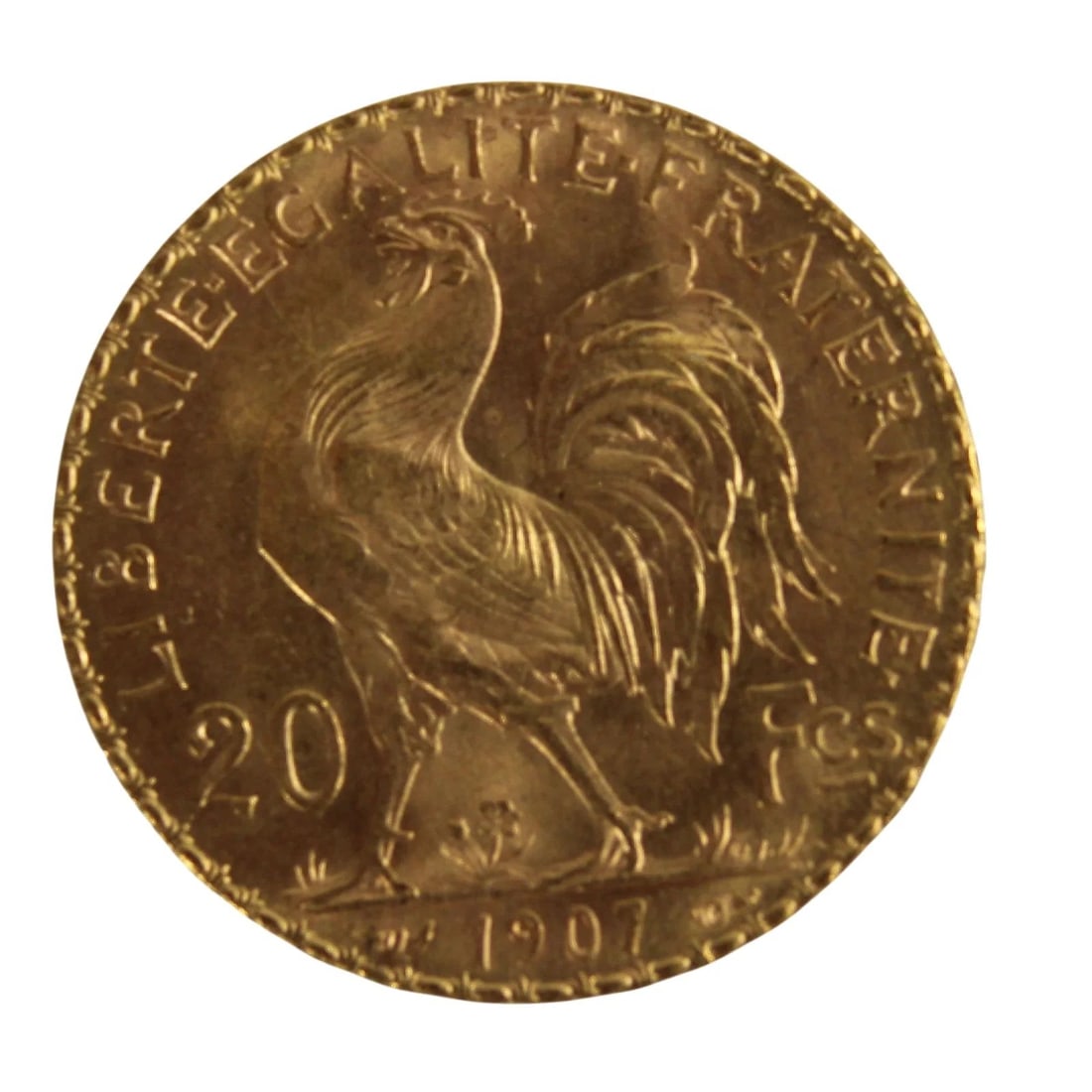 FRANCE 1907 GOLD (900) 20 FRANCS, BRILLIANT UNCIRCULATED: France 1907 Gold (900) 20 Francs, Brilliant Uncirculated