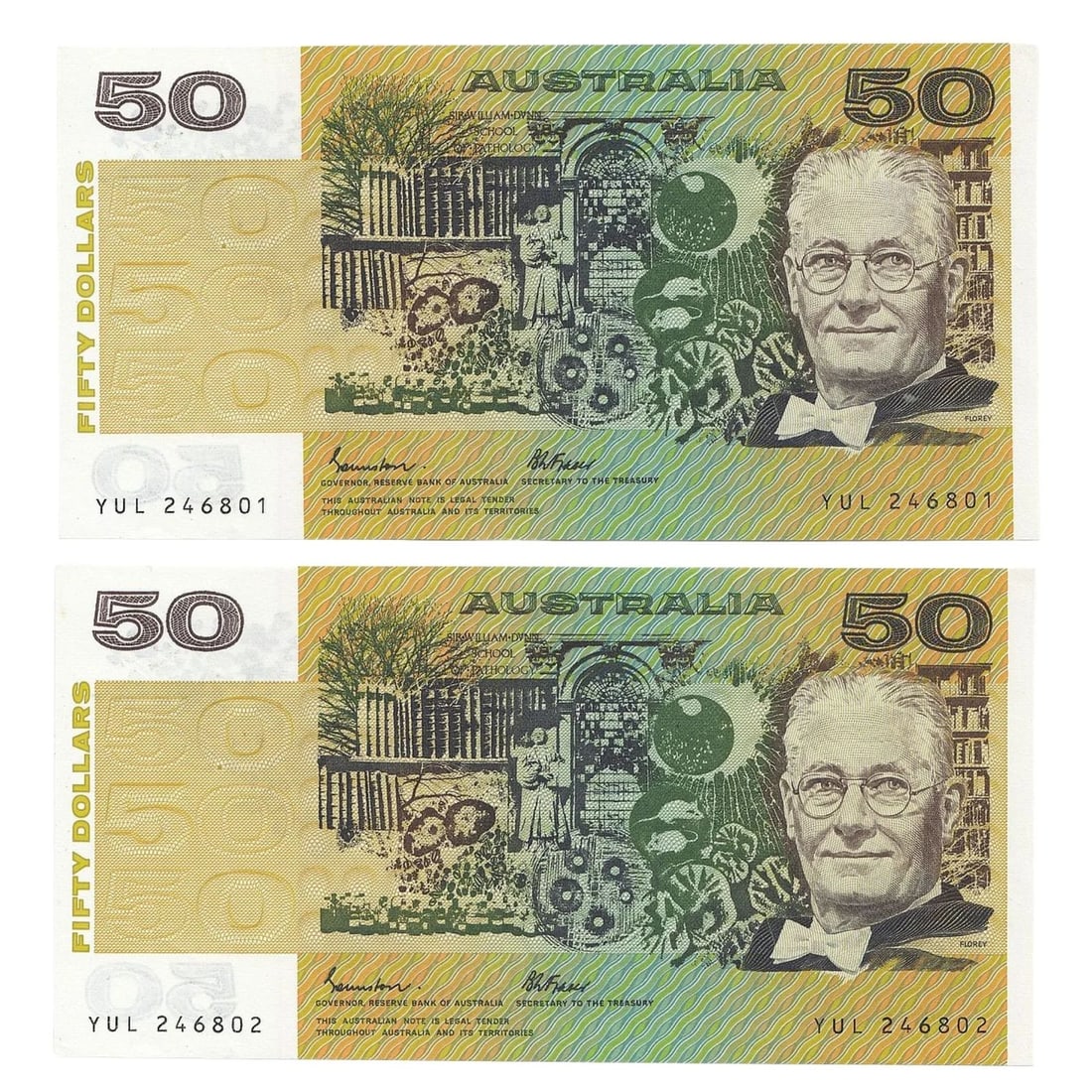 AUSTRALIA 'JOHNSTON - FRASER' OCRB SERIALS $50'S (1985), VIRTUALLY UNCIRCULATED OPQ (CONSEC PAIR) (1 of 2)