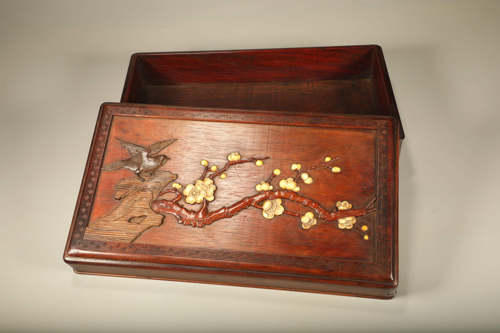 A MAGPIE AND PLUM BLOSSOM BOX INLAID WITH CHICKEN-WING WOOD ON HUANGHUALI WOOD (1 of 6)