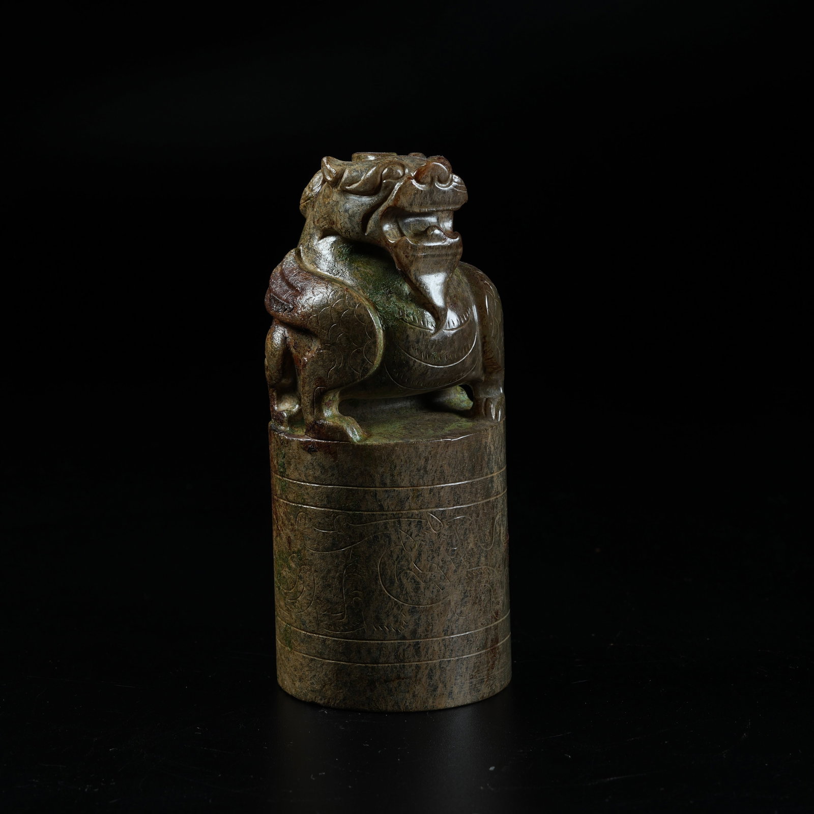 A ANCIENT JADE SEAL WITH AUSPICIOUS BEAST KNOB: Ancient Jade Seal with Auspicious Beast Knob