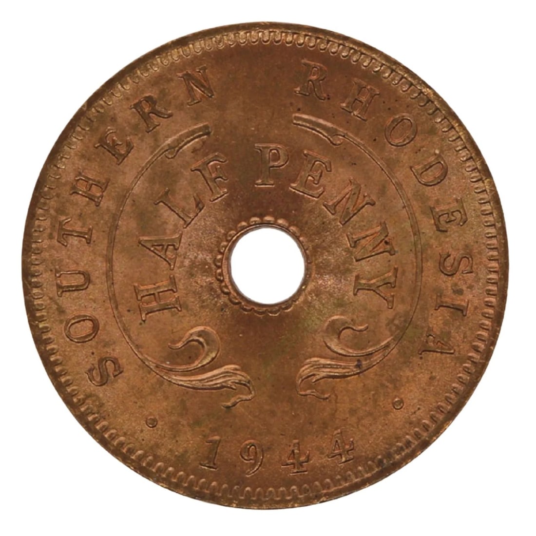 SOUTHERN RHODESIA 1944 HALFPENNY, FULL RED GEM (1 of 2)
