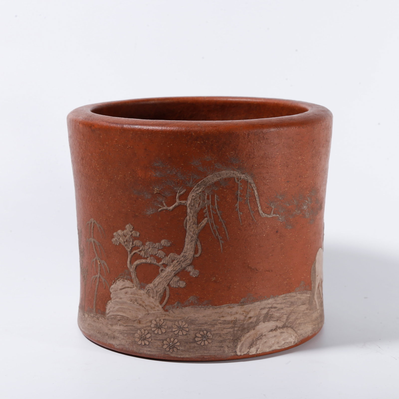 A ZISHA BRUSH POT WITH PILED-CLAY STEED PATTERN (1 of 9)