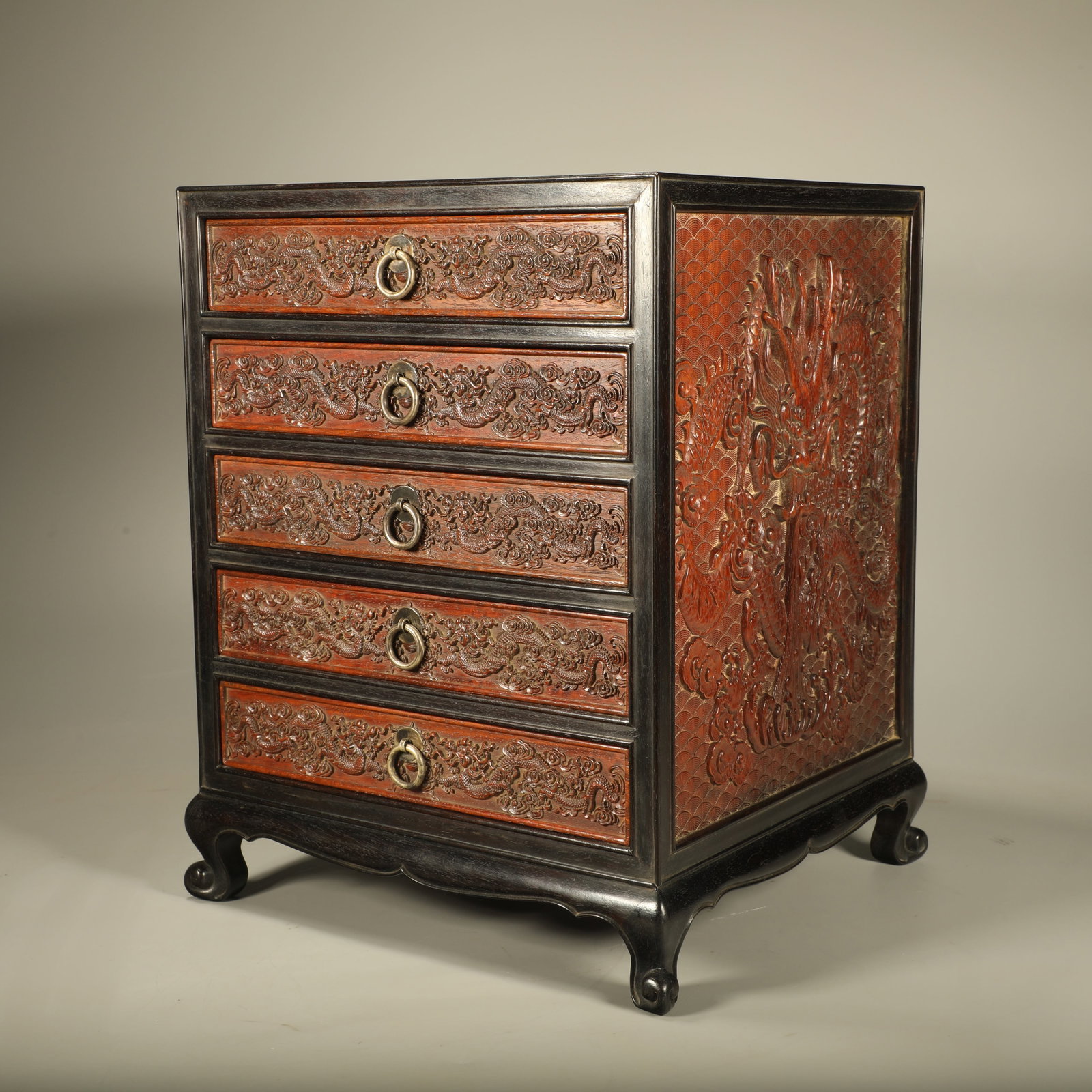 A SANDALWOOD DRAWER BOX INLAID WITH HUANGHUALI CARVED WITH DRAGON PATTERNS (1 of 7)