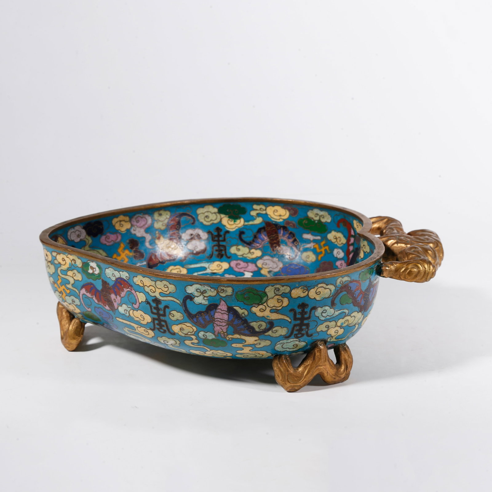 A CLOISONNE PEACH-SHAPED WASHER WITH BLESSING-CLOUD MOTIFS ON BRONZE BODY (1 of 9)