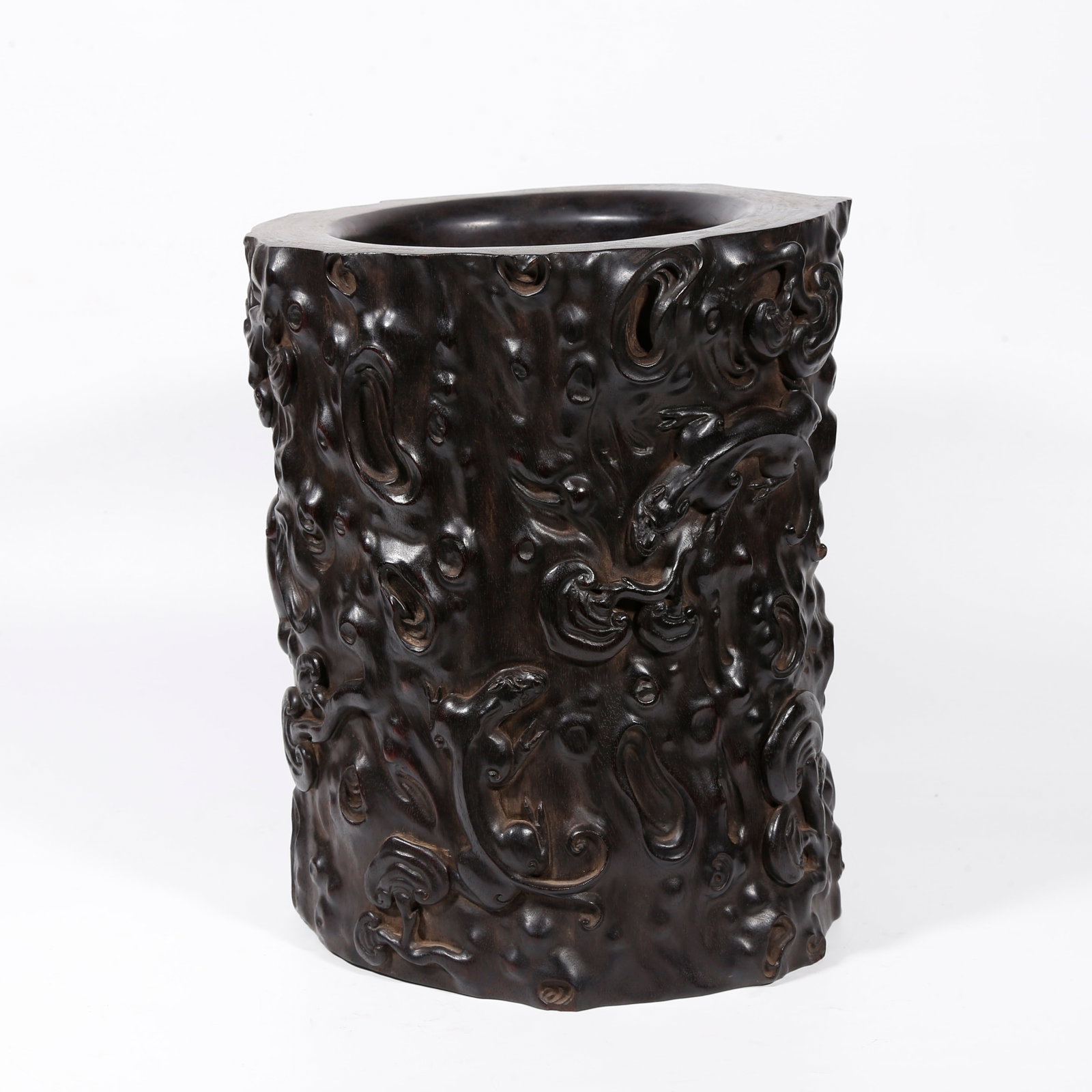 A GANODERMA AND BEAST-PATTERN BRUSH POT CARVED IN ZITAN WOOD (1 of 9)