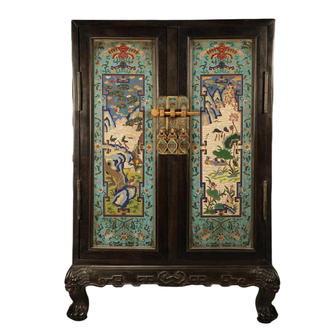 A SANDALWOOD CORNER CABINET INLAID WITH CLOISONN- SUCCESSIVE-SCHOLARLY-HONOR MOTIFS: Sandalwood Corner Cabinet Inlaid with Cloisonn-- Successive-scholarly-honor Motifs