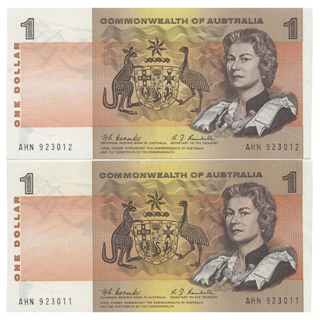 AUSTRALIA 'COOMBS - RANDALL' C OF A $1 (1968), GOOD EXTREMELY FINE/ABOUT UNCIRC OPQ (CONSEC PAIR) (1 of 2)