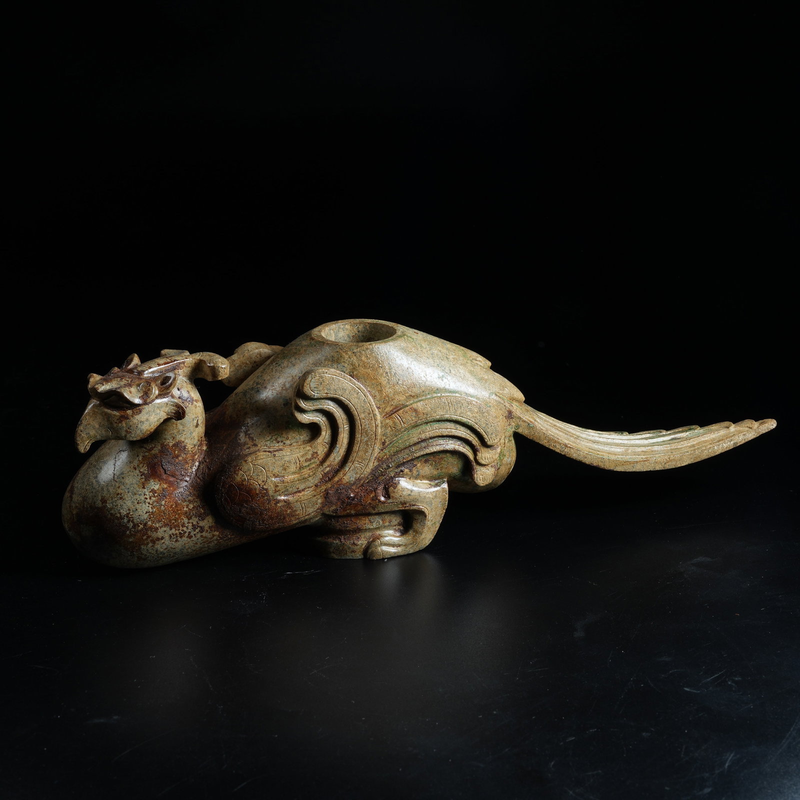 A ANCIENT JADE PHOENIX STAFF FINIAL: Ancient Jade Phoenix Staff Finial