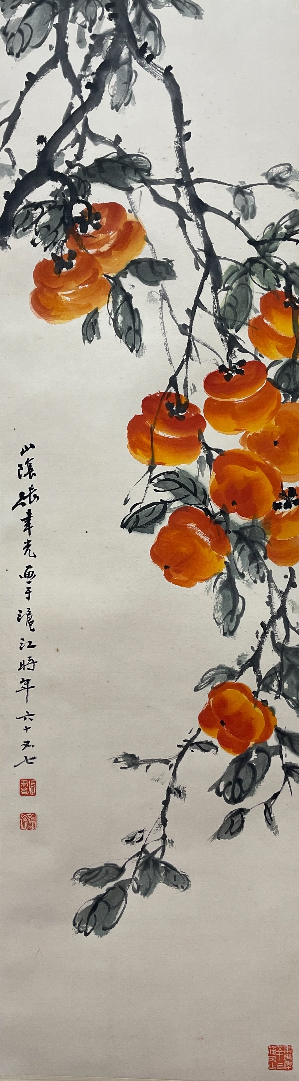 A EVERYTHING-GOES-WELL THEME PAINTING HANGING SCROLL ON PAPER BY ZHANG YUGUANG.張聿: Everything-goes-well theme painting hanging scroll on paper by Zhang Yuguang.張聿光