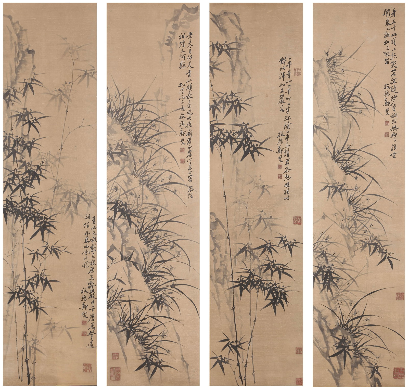 A BAMBOO AND ROCK PAINTINGS ON PAPER BY ZHENG BANQIAO (4 PIECES).鄭板橋: Bamboo and Rock Paintings on Paper by Zheng Banqiao (4 pieces).鄭板橋
