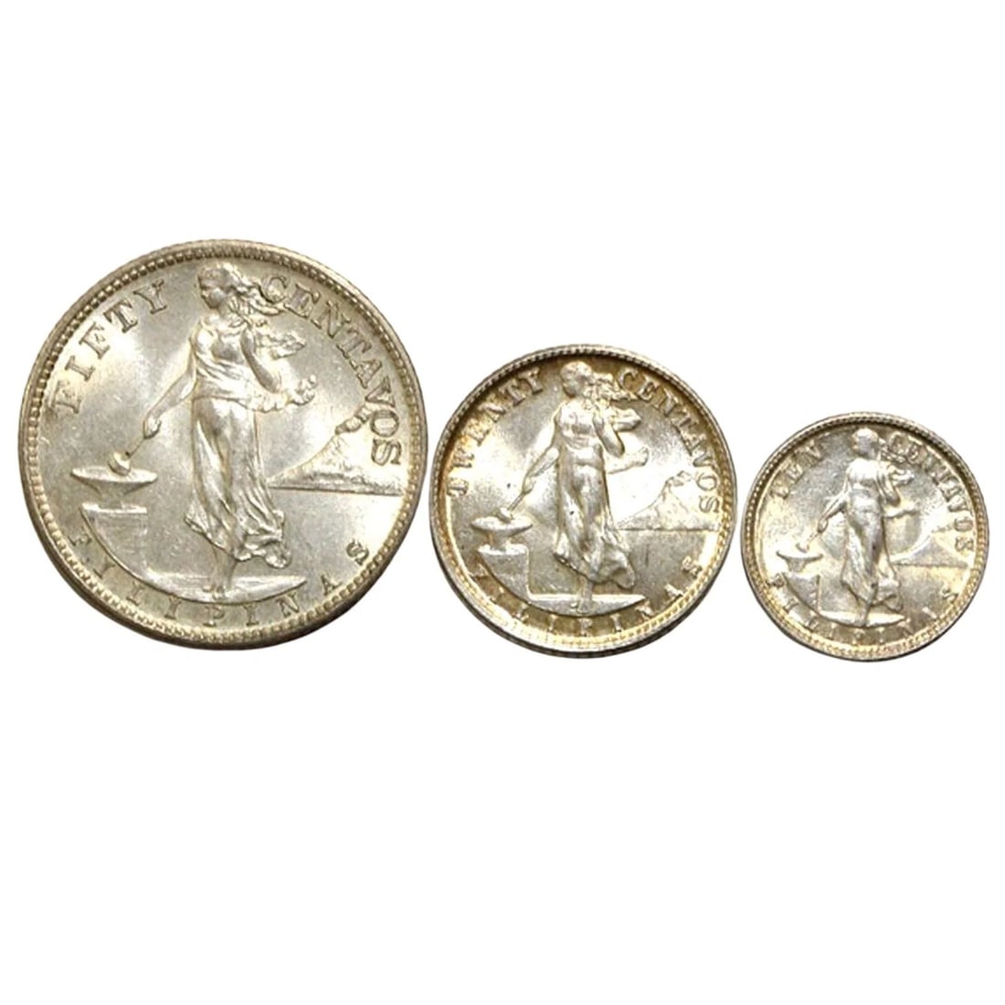 PHILIPPINES 1945 SILVER (750) 10 CENTAVO, 20 CENTAVO & 50 CENTAVO, BRILLIANT UNCIRCULATED (3 COINS): Philippines 1945 Silver (750) 10 Centavo, 20 Centavo & 50 Centavo, Brilliant Uncirculated (3 coins)