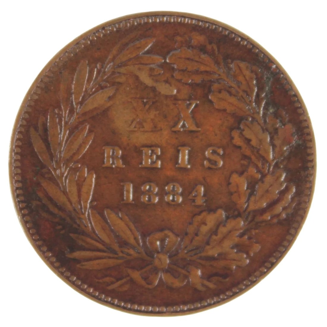 PORTUGAL 1884 BRONZE 20 REIS WITH 'LIBERTY' COUNTERMARK OF THE 1891 INSURRECTION, EXTREMELY FINE: Portugal 1884 Bronze 20 Reis with 'Liberty' countermark of the 1891 Insurrection, Extremely Fine