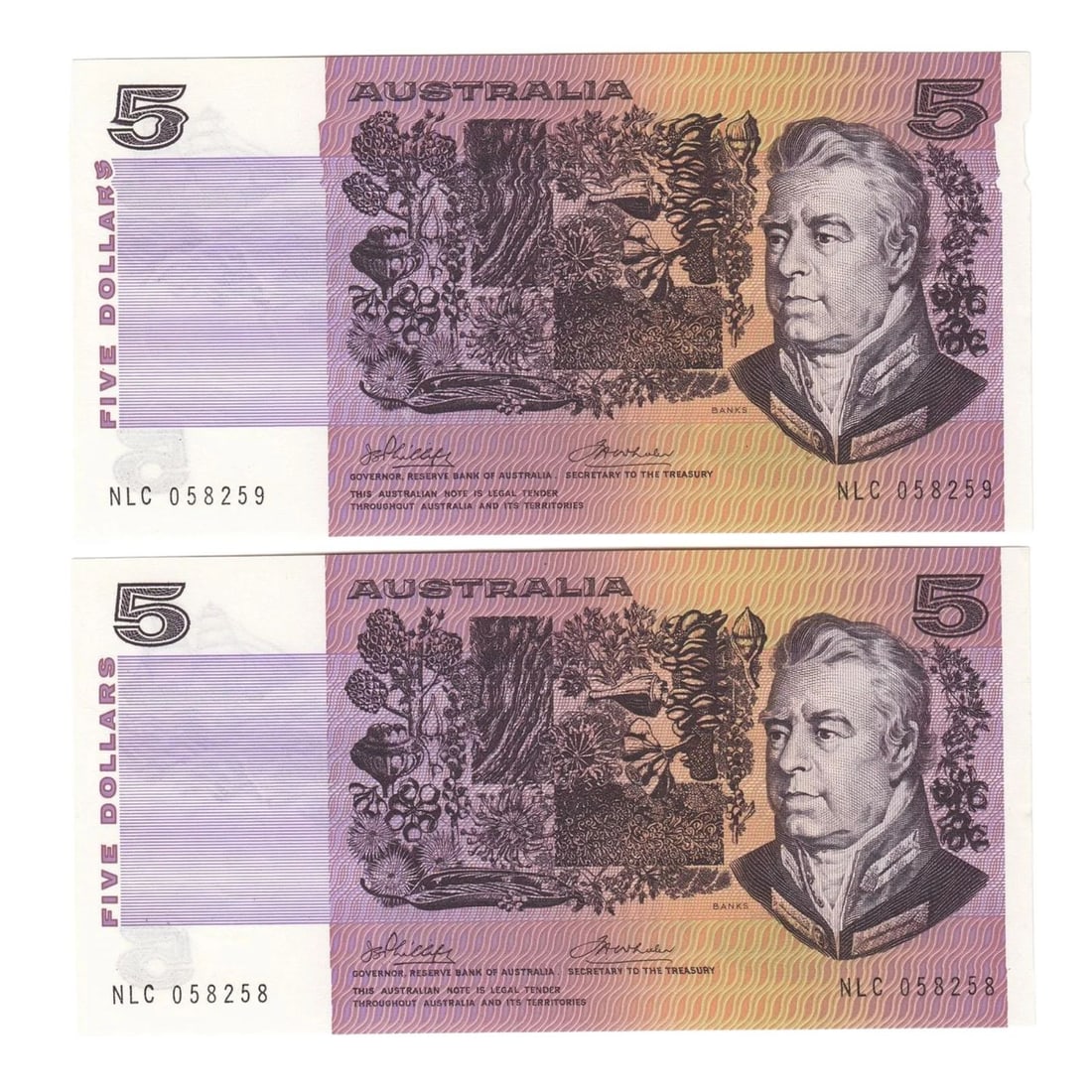 AUSTRALIA 'PHILLIPS - WHEELER' AUSTRALIA $5 (1974), UNCIRCULATED OPQ (CONSECUTIVE PAIR): Australia 'Phillips - Wheeler' Australia $5 (1974), Uncirculated OPQ (Consecutive Pair)