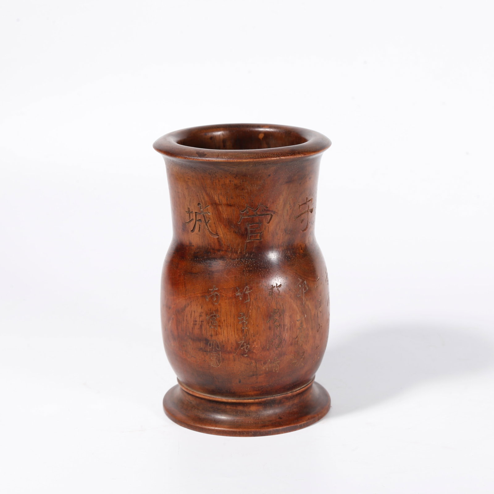 A POEM-INSCRIBED BRUSH POT OF HUANGHUALI WOOD: Poem-inscribed brush pot of huanghuali wood