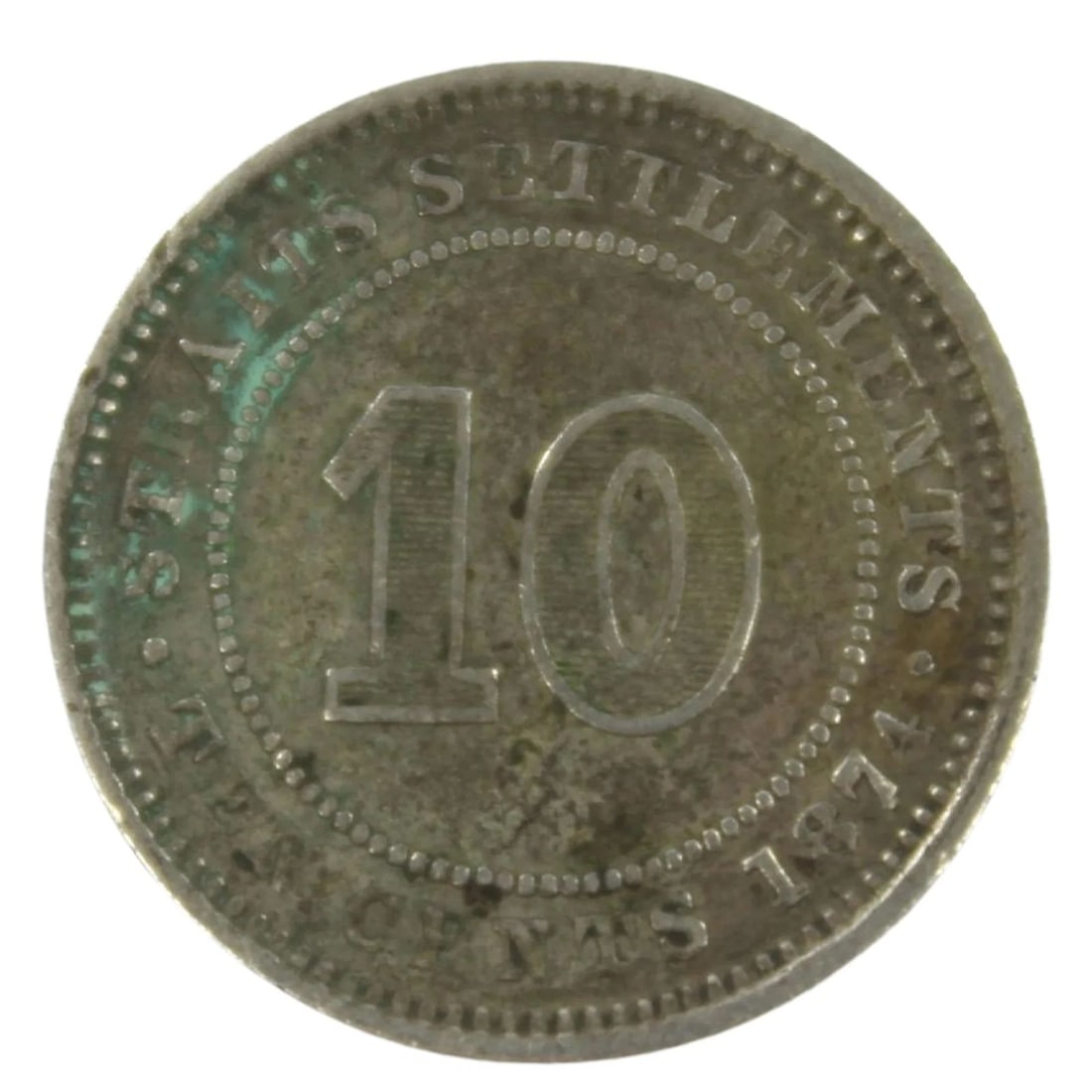 STRAITS SETTLEMENTS 1874 H TEN CENT, VERY FINE (1 of 2)