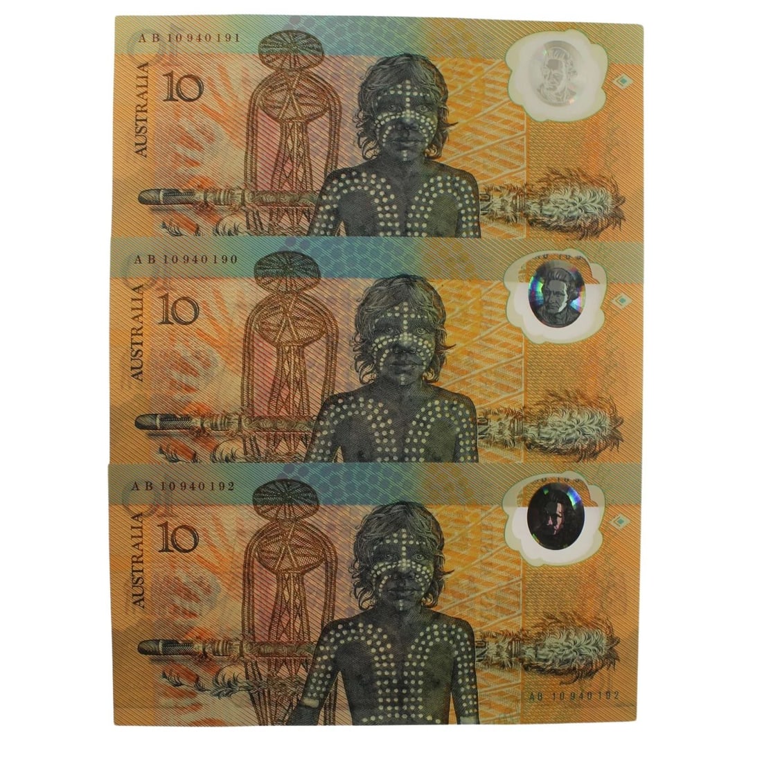 AUSTRALIA 'JOHNSTON - FRASER' AB10 - FIRST PREFIX (1ST ISSUE) BICENT $10'S, (1988), UNCIRC (TRIO) (1 of 2)