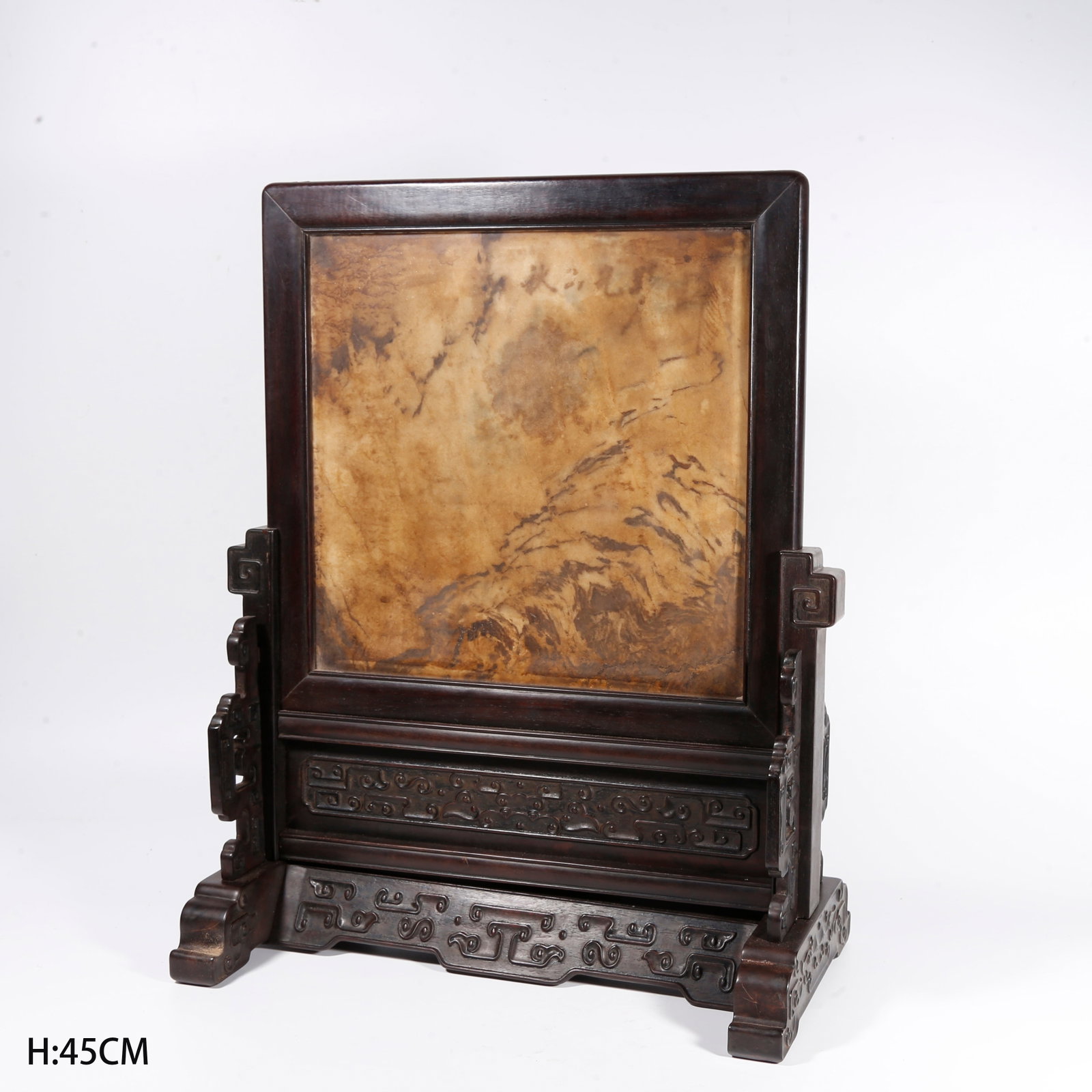 A MARBLE-INLAID TABLE SCREEN IN ZITAN WOOD: Marble-inlaid table screen in zitan wood