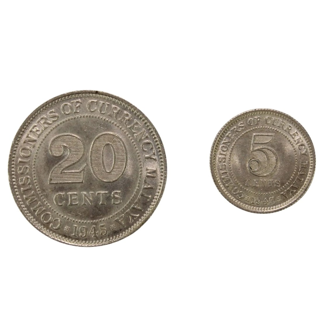 MALAYA 1945 SILVER (500) 5 CENTS & 20 CENTS, UNCIRCULATED (2 COINS): Malaya 1945 Silver (500) 5 Cents & 20 Cents, Uncirculated (2 coins)