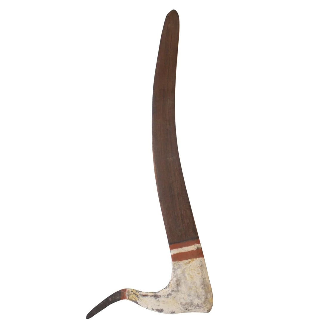 ABORIGINAL TRANSITIONAL HOOKED BOOMERANG FROM CENTRAL AUSTRALIA BOOMERANG WITH PAINTED DESIGN: Aboriginal Transitional Hooked Boomerang from Central Australia Boomerang with painted design
