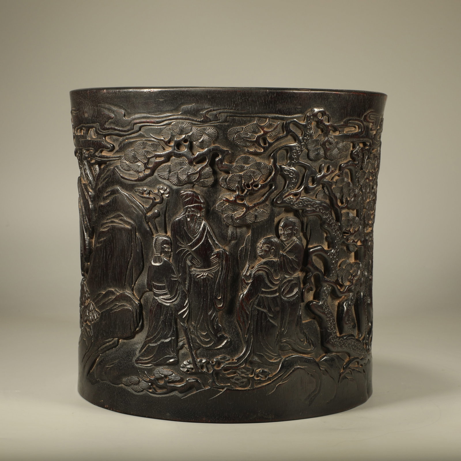 A SANDALWOOD BRUSH POT CARVED WITH PINE-TREE AND FIGURE SCENES (1 of 6)
