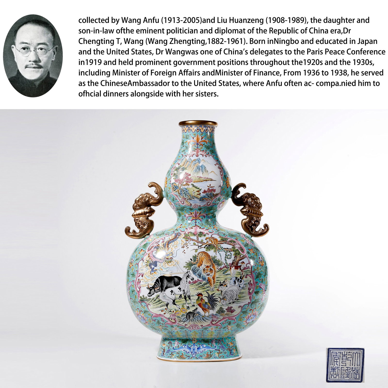 A PAINTED ENAMEL ON BRONZE BODY TWO-EARED GOURD VASE WITH ZODIAC-ANIMAL MOTIFS: Painted Enamel on Bronze Body Two-Eared Gourd Vase with Zodiac-Animal Motifs. PROVENANCE: Collections from the family collection of Wang Anfu (1913-2005) and Liu Huanzeng (1908-1989), descendants of t