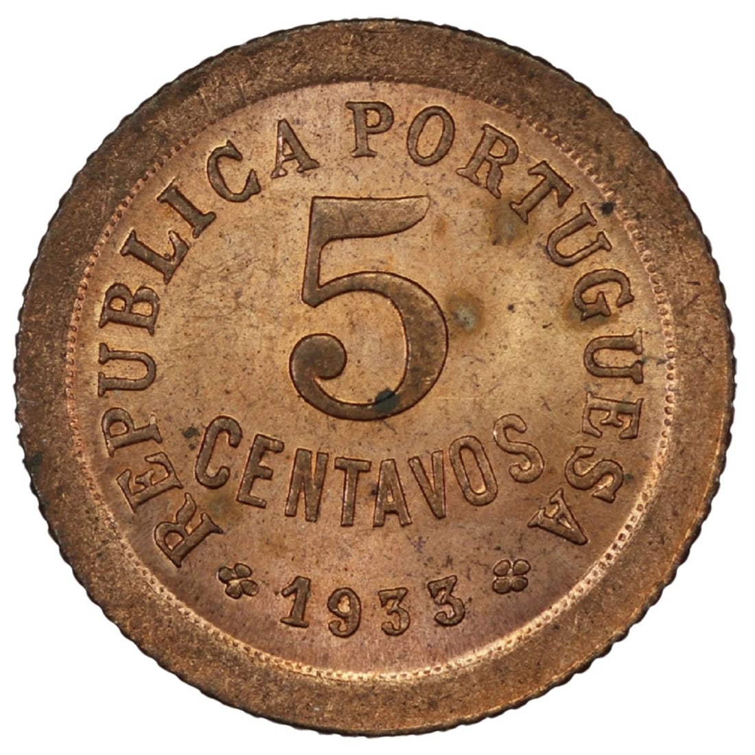 PORTUGUESE GUINEA 1933 5 CENTAVOS, FULL RED AND NEAR GEM: Portuguese Guinea 1933 5 Centavos, Full Red and near Gem