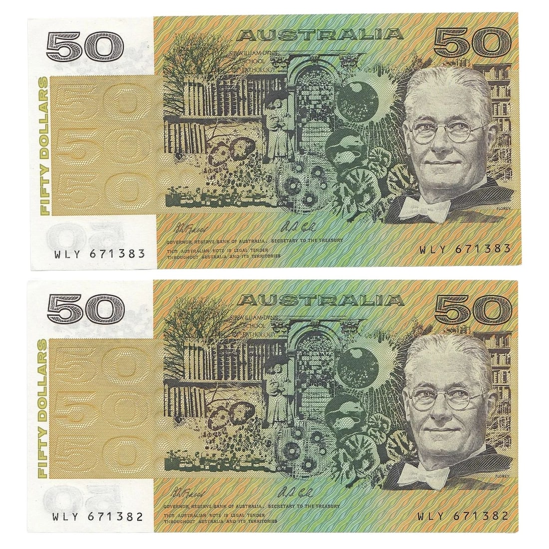 AUSTRALIA 'FRASER - COLE' $50 (1991), UNCIRCULATED OPQ (CONSECUTIVE PAIR) (1 of 2)