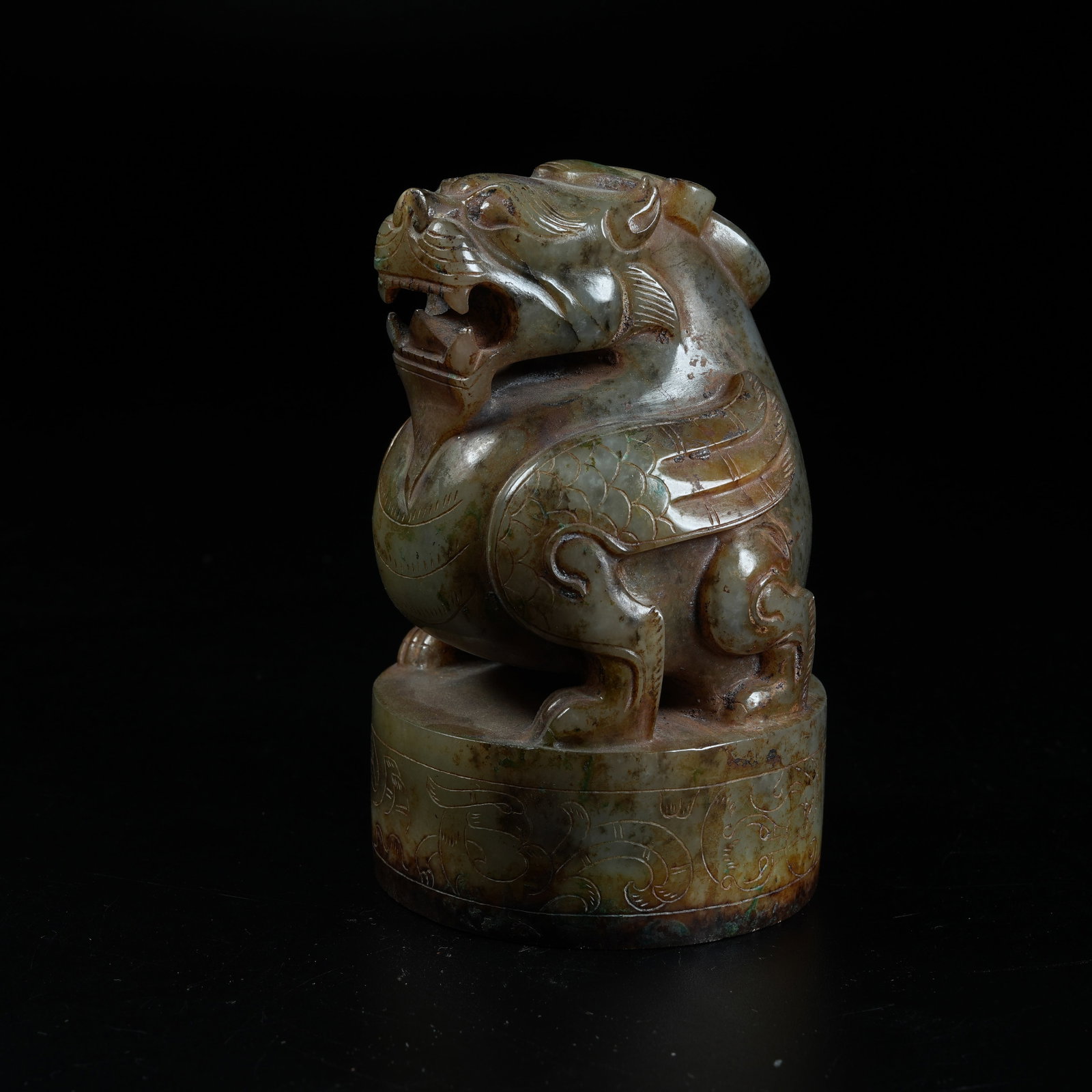 A ANCIENT JADE SEAL WITH AUSPICIOUS BEAST KNOB: Ancient Jade Seal with Auspicious Beast Knob