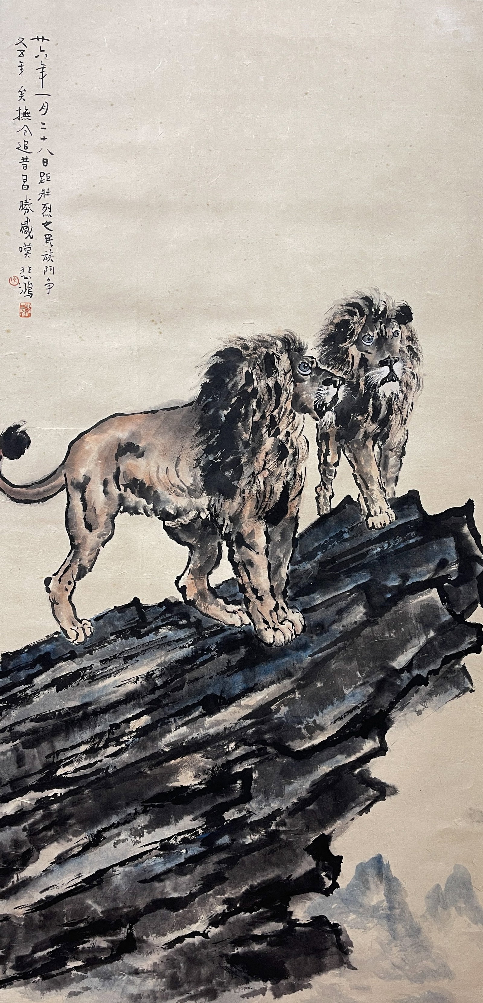 A DOUBLE-LION PAINTING HANGING SCROLL ON PAPER BY XU BEIHONG.徐悲鴻: Double-lion painting hanging scroll on paper by Xu Beihong.徐悲鴻